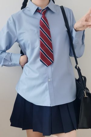 Women's Blue Long Sleeve Shirt - Basic Layered Design for Spring Summer, College Style, Niche Fashion for Students