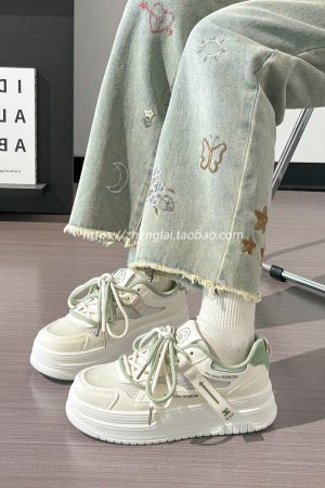 Women's Breathable Mesh Board Shoes - Shallow Spring Series, Height-Increasing Thick Sole, Perfect for Skirts, White Summer Footwear