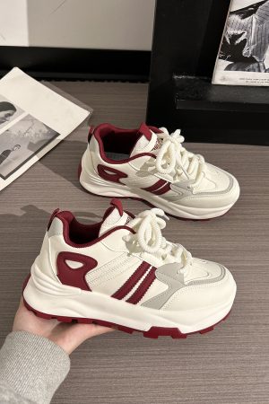 Women's Breathable Mesh Lightweight Soft-Soled Dad Shoes in Wine Red - Versatile Y2K White Sneakers for Everyday Style