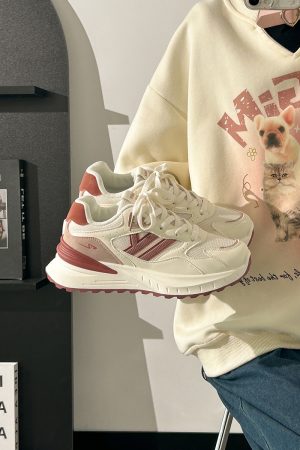 Women's Breathable Mesh Lightweight Soft-Soled Dad Shoes in Wine Red - Versatile Y2K White Sneakers for Everyday Style