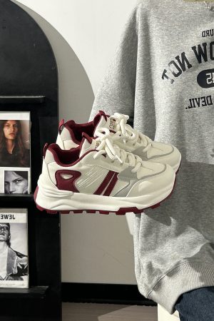 Women's Breathable Mesh Lightweight Soft-Soled Dad Shoes in Wine Red - Versatile Y2K White Sneakers for Everyday Style