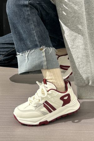 Women's Breathable Mesh Lightweight Soft-Soled Dad Shoes in Wine Red - Versatile Y2K White Sneakers for Everyday Style