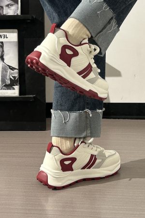 Women's Breathable Mesh Lightweight Soft-Soled Dad Shoes in Wine Red - Versatile Y2K White Sneakers for Everyday Style