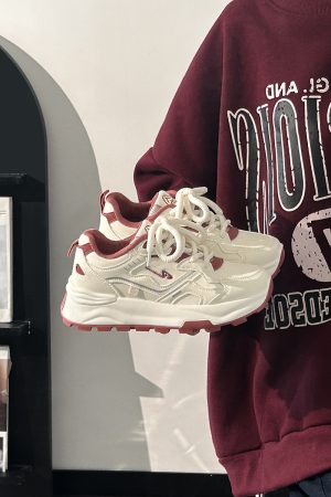 Women's Breathable Mesh Lightweight Soft-Soled Dad Shoes in Wine Red - Versatile Y2K White Sneakers for Everyday Style