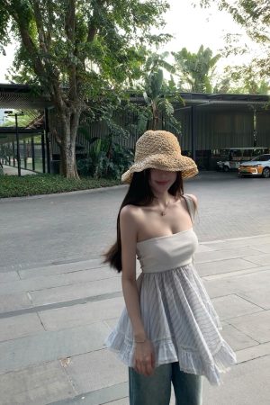 Women's Bubble Summer Patchwork Strapless Top - Stylish Summer Outerwear, High-End Blouse, Trendy 90s Inspired Fashion