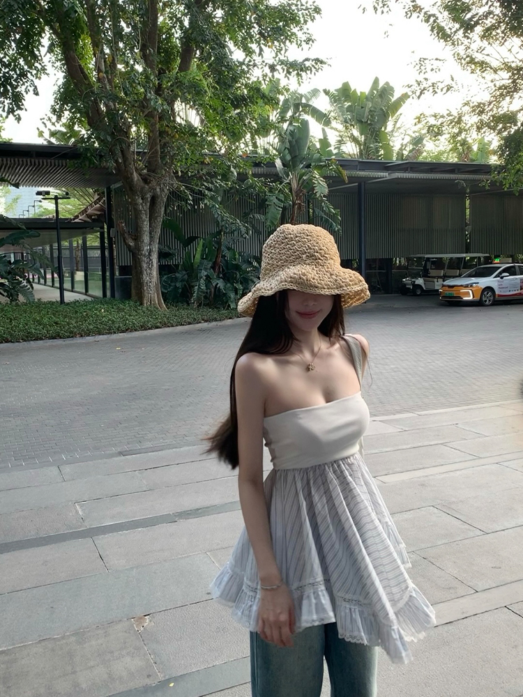 Women's Bubble Summer Patchwork Strapless Top - Stylish Summer Outerwear, High-End Blouse, Trendy 90s Inspired Fashion Women's Bubble Summer Patchwork Strapless Top - Stylish Summer Outerwear, High-End Blouse, Trendy 90s Inspired Fashion