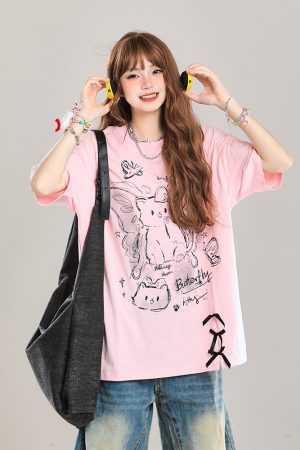 Women's Cartoon Bear Printed Short Sleeve T-Shirt - 2025 Summer Casual Loose Fit, Age-Reducing Style