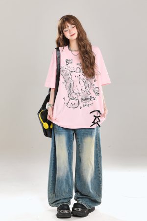 Women's Cartoon Bear Printed Short Sleeve T-Shirt - 2025 Summer Casual Loose Fit, Age-Reducing Style