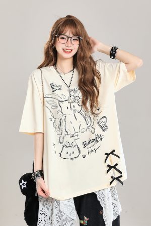 Women's Cartoon Bear Printed Short Sleeve T-Shirt - 2025 Summer Casual Loose Fit, Age-Reducing Style