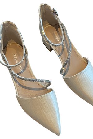 Women's Chunky Heel Rhinestone One-Strap Pointed Toe Shoes - Versatile Korean Style Hollow Design for Spring 2025