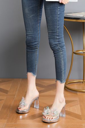 Women's Chunky Heel Transparent High Heels - Thick-Soled Rhinestone Slide Sandals, Waterproof Platform for Summer 2025