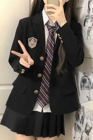 Women's College Style Black Suit Jacket - Dark Blue Three-Button Blazer, Trendy JK Uniform for Female Students
