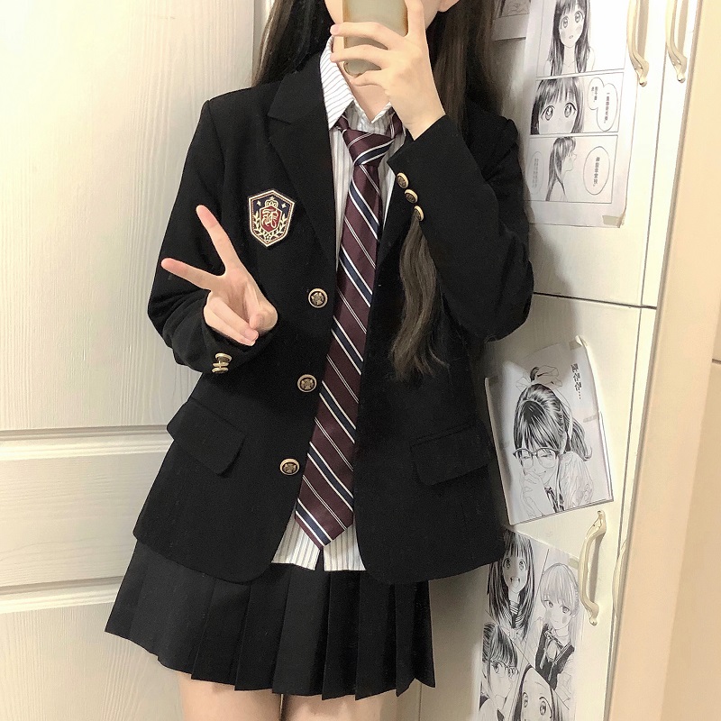 Women's College Style Black Suit Jacket - Dark Blue Three-Button Blazer, Trendy JK Uniform for Female Students Women's College Style Black Suit Jacket - Dark Blue Three-Button Blazer, Trendy JK Uniform for Female Students