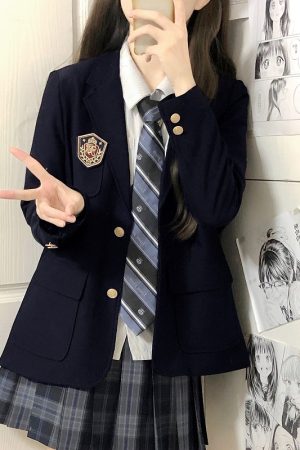 Women's College Style Black Suit Jacket - Dark Blue Three-Button Blazer, Trendy JK Uniform for Female Students