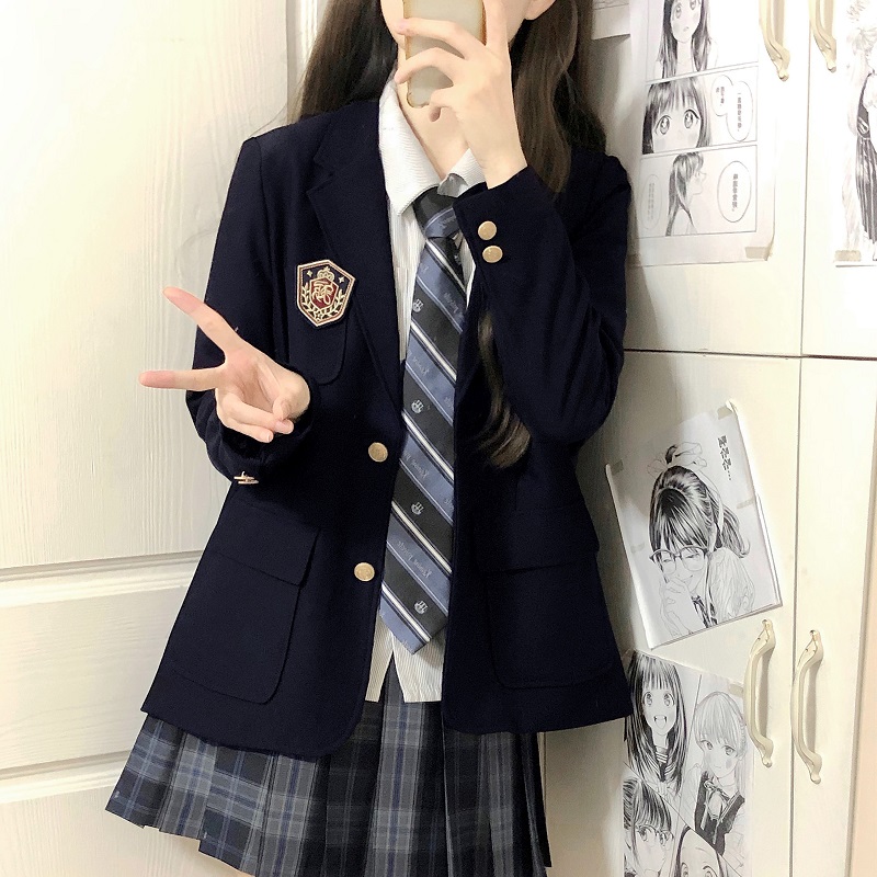 Women's College Style Black Suit Jacket - Dark Blue Three-Button Blazer, Trendy JK Uniform for Female Students Women's College Style Black Suit Jacket - Dark Blue Three-Button Blazer, Trendy JK Uniform for Female Students