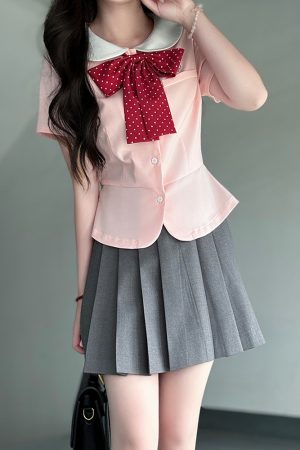 Women's College Style JK Uniform Set - Pudding Bear Original Waist-Defining Short Sleeve Shirt - Summer 2025 Fashion