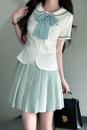 Women's College Style JK Uniform Set - Pudding Bear Original Waist-Defining Short Sleeve Shirt - Summer 2025 Fashion