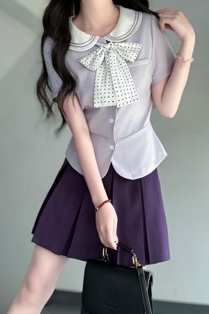 Women's College Style JK Uniform Set - Pudding Bear Original Waist-Defining Short Sleeve Shirt - Summer 2025 Fashion