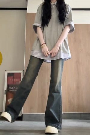 Women's College Style Patchwork Striped Faux Two-Piece Polo Collar Short-Sleeve T-Shirt - Unique Gray Summer Top