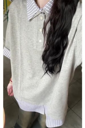 Women's College Style Patchwork Striped Faux Two-Piece Polo Collar Short-Sleeve T-Shirt - Unique Gray Summer Top