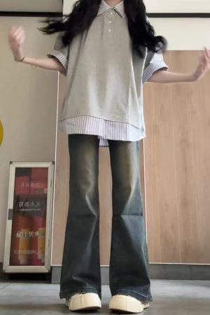 Women's College Style Patchwork Striped Faux Two-Piece Polo Collar Short-Sleeve T-Shirt - Unique Gray Summer Top