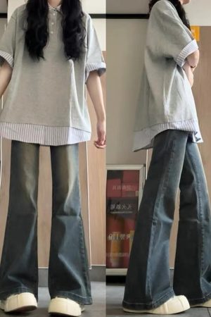 Women's College Style Patchwork Striped Faux Two-Piece Polo Collar Short-Sleeve T-Shirt - Unique Gray Summer Top