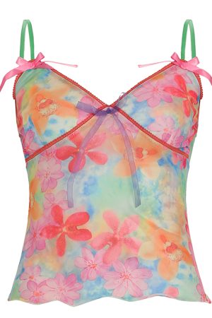 Women's Colorful Floral Mesh Spaghetti Strap Vest - Forest Fairy Summer Bow Top - Y2K Dopamine Aesthetic