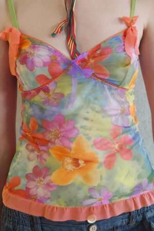 Women's Colorful Floral Mesh Spaghetti Strap Vest - Forest Fairy Summer Bow Top - Y2K Dopamine Aesthetic