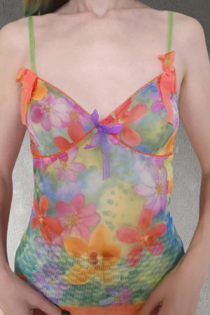 Women's Colorful Floral Mesh Spaghetti Strap Vest - Forest Fairy Summer Bow Top - Y2K Dopamine Aesthetic