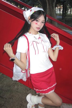 Women's Fitted Bow Tie Print T-Shirt - Sweet and Spicy Short Sleeve Top, Summer Style, Pure Cotton, Slimming Fit