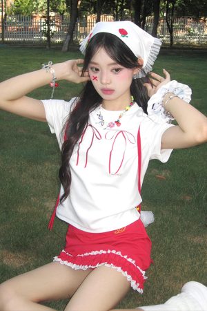 Women's Fitted Bow Tie Print T-Shirt - Sweet and Spicy Short Sleeve Top, Summer Style, Pure Cotton, Slimming Fit