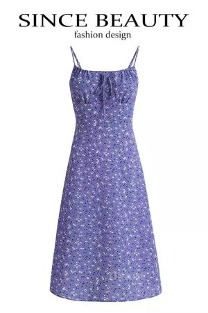 Women's Floral Spaghetti Strap Dress - French Style Long Purple Summer Dress for Vacation 2025 Temperament