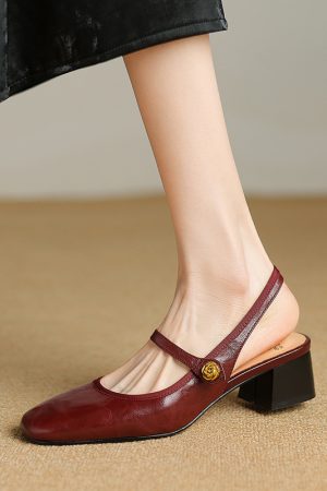 Womenâ€™s French Retro Genuine Leather Open-Toe Sandals with Mid-Thick Heels, Backless Mary Jane Style, Vintage Chic Footwear