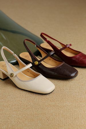 Women’s French Retro Genuine Leather Open-Toe Sandals with Mid-Thick Heels, Backless Mary Jane Style, Vintage Chic Footwear