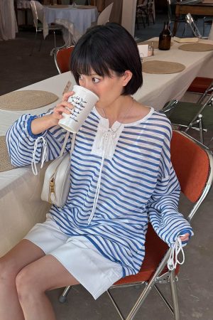 Women's French Striped Long Sleeve T-Shirt - 2025 Summer Lazy Style Sun Protection Cover-Up, Loose Casual Versatile Top