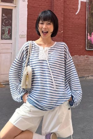 Women's French Striped Long Sleeve T-Shirt - 2025 Summer Lazy Style Sun Protection Cover-Up, Loose Casual Versatile Top