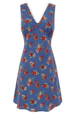 Women's French-Style Floral A-Line Dress - Blue V-Neck Vacation Dress for Summer 2025 - Chic 90s Inspired Fashion