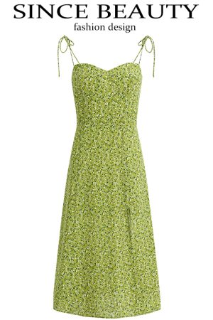 Women's French Style Green Summer Dress 2025 - High-End, Waist-Cinching, Slimming Design for Vacation and Everyday Wear