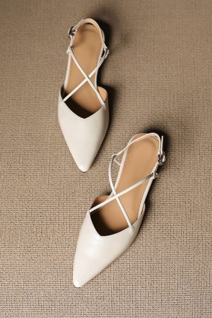 Women's Genuine Leather Backless Flat Sandals - French Pointed Cross-Strap Open-Toe Design, Low-Heeled Casual Loafers