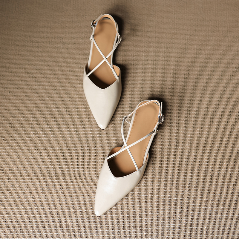 Women's Genuine Leather Backless Flat Sandals - French Pointed Cross-Strap Open-Toe Design, Low-Heeled Casual Loafers Women's Genuine Leather Backless Flat Sandals - French Pointed Cross-Strap Open-Toe Design, Low-Heeled Casual Loafers