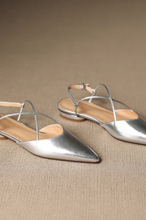 Women's Genuine Leather Backless Flat Sandals - French Pointed Cross-Strap Open-Toe Design, Low-Heeled Casual Loafers