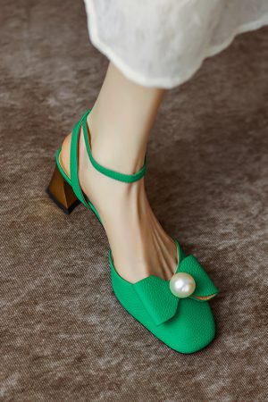 Womenâ€™s Genuine Leather Chunky High Heel Sandals with Square Toe, Bow and Pearl Detail - Versatile Closed-Toe Summer Style 2025