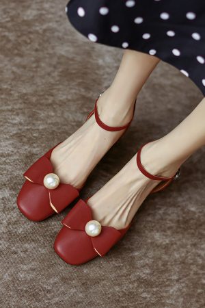 Womenâ€™s Genuine Leather Chunky High Heel Sandals with Square Toe, Bow and Pearl Detail - Versatile Closed-Toe Summer Style 2025