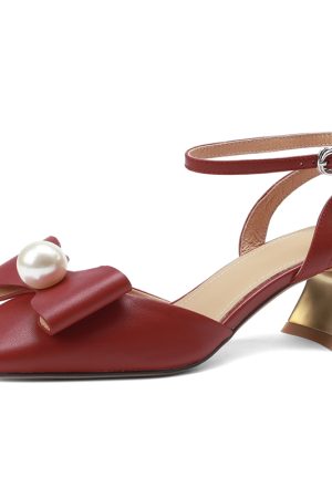 Womenâ€™s Genuine Leather Chunky High Heel Sandals with Square Toe, Bow and Pearl Detail - Versatile Closed-Toe Summer Style 2025