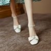 Women’s Genuine Leather Chunky High Heel Sandals with Square Toe, Bow and Pearl Detail - Versatile Closed-Toe Summer Style 2025