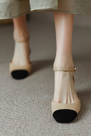 Womenâ€™s Genuine Leather Color-Blocking Open-Toe Sandals - Retro Chunky Mid-Heel Hollow Shoes for Summer Fashion