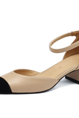 Womenâ€™s Genuine Leather Color-Blocking Open-Toe Sandals - Retro Chunky Mid-Heel Hollow Shoes for Summer Fashion