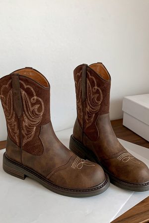 Women's Genuine Leather Embroidered Western Short Boots - British Retro Knight Style, Summer Martin Boots, European & American Fashion