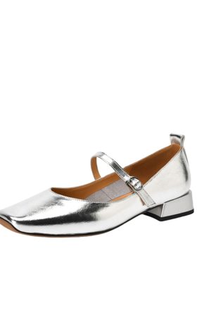 Women's Genuine Leather Low Heel Chunky Mary Jane Shoes - Silver Square Toe - Large Size - Summer 2025 Fashion