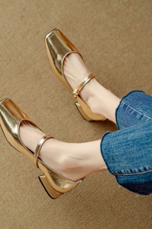 Women's Genuine Leather Low Heel Chunky Mary Jane Shoes - Silver Square Toe - Large Size - Summer 2025 Fashion